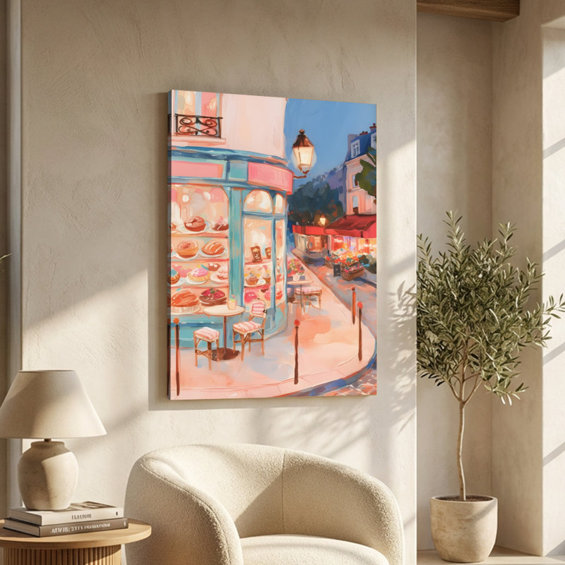 Façade de café avec pâtisseries - Impression d'art mural moderne sur toile tendue sur châssis, 91,4 cm (H) x 61 cm (L), prête à être accrochée