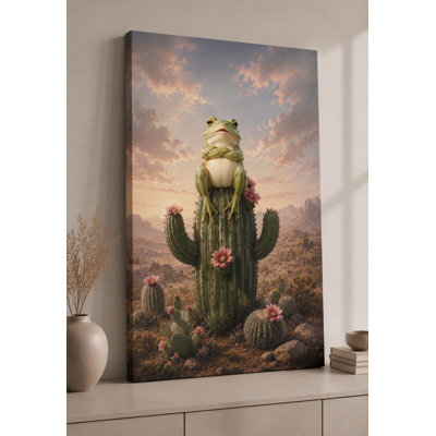 Grande grenouille du désert, reproduction d'art sur toile 24 x 36 pouces, style sud-ouest, grenouille mignonne sur une œuvre de cactus pour le salon, chambre d'enfant