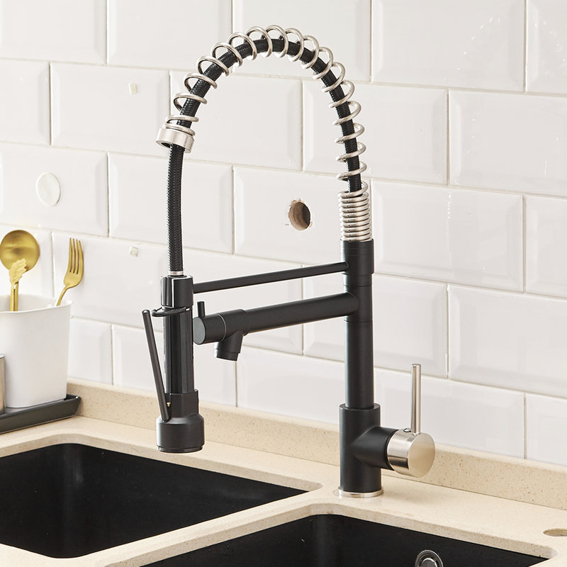 Robinet d'évier de cuisine à poignée simple avec douchette rétractable, matériau en laiton, eau chaude et froide pour poignée de cuisine, argent noir, rotatif à 360 degrés