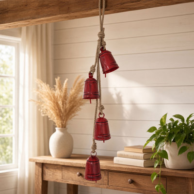 Koma 27 Inch Decorative Wind Chime, 4 Cascading Cow Bells, Antique Red Iron, Jute Rope, Boho Rustic Style