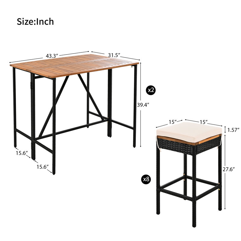 Ensemble de 10 meubles de jardin comprenant une table en bois et huit tabourets confortables pliables pour un rangement facile.