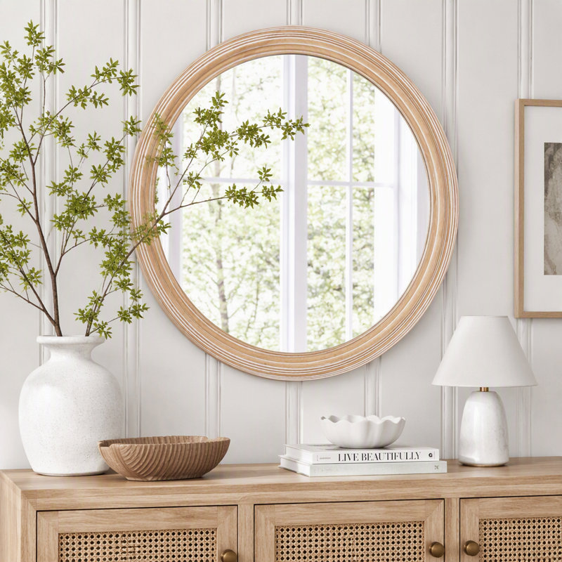 Miroir mural rond de style champêtre avec cadre en bois vieilli 31,50 po, L 31,5 po