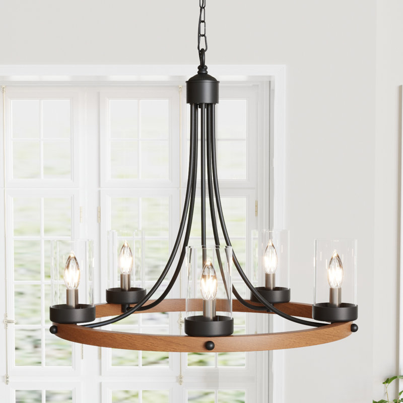 Duran 5-Light Candle Style Wagon Wheel Chandelier (25.2" W), Wood Grain_inactive