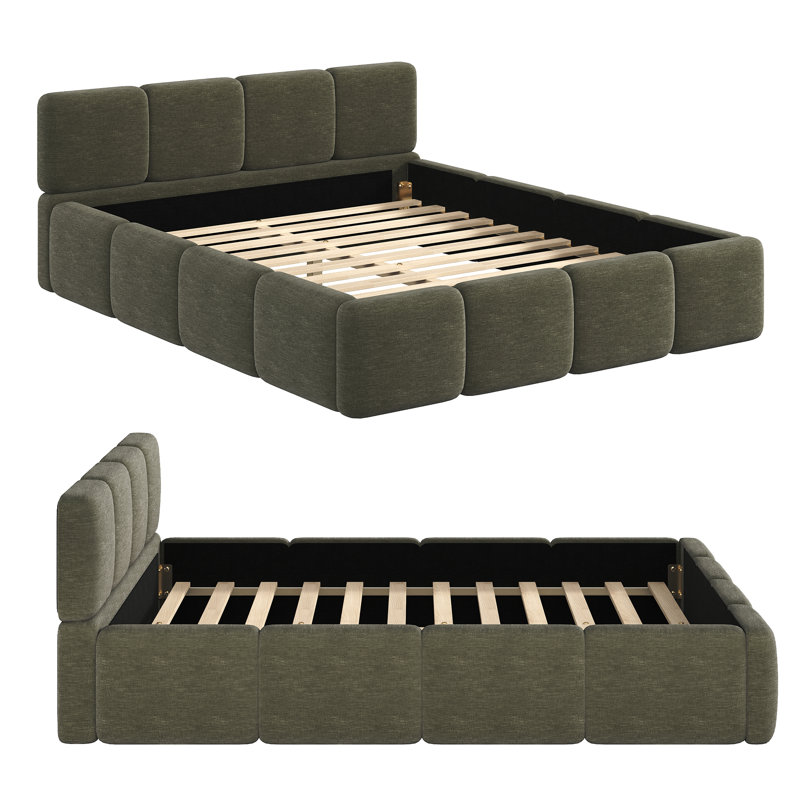 Lit plateforme tapissier avec tête et pied de lit moelleux, Grand, Mélange de lin vert