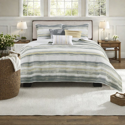Premium 6-piece Bedding Sets, Cotton Blend, Yellow Coastal Stripe Design For Comfort And Style