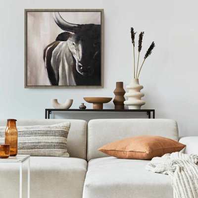 Bull Head Front View | Rustic Brown Framed Canvas Wall Art