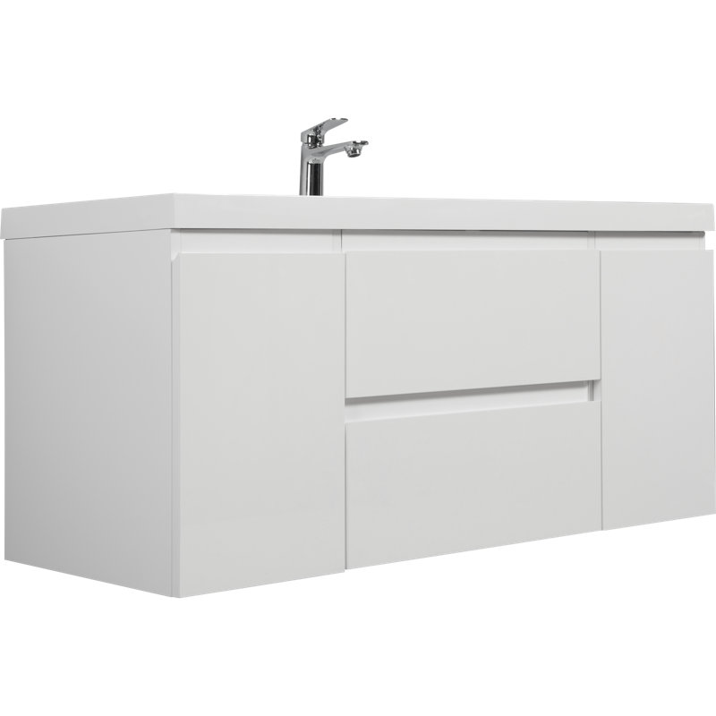Floating Bathroom Vanity with Resin Basin and Soft-Close Drawers, White/White