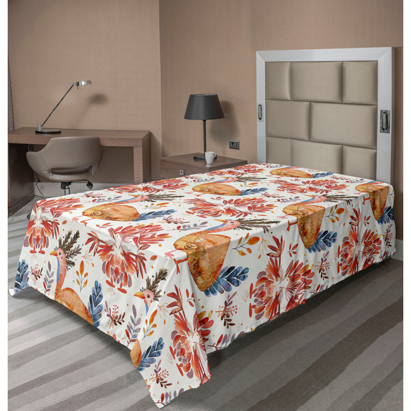 Drap plat moderne de style bohème Ambesonne, Drap plat pour lit simple, Bleu / gris / orange / motif floral corail