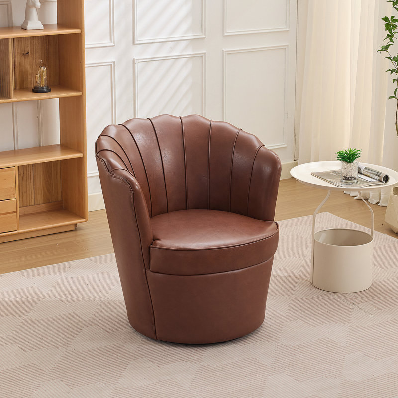 Fauteuil pivotant à pétales brun - base en métal pivotant à 360 °, fauteuil de bureau à oreilles en cuir véritable à grain supérieur, siège d'appoint de bureau incurvé à conception cannelée