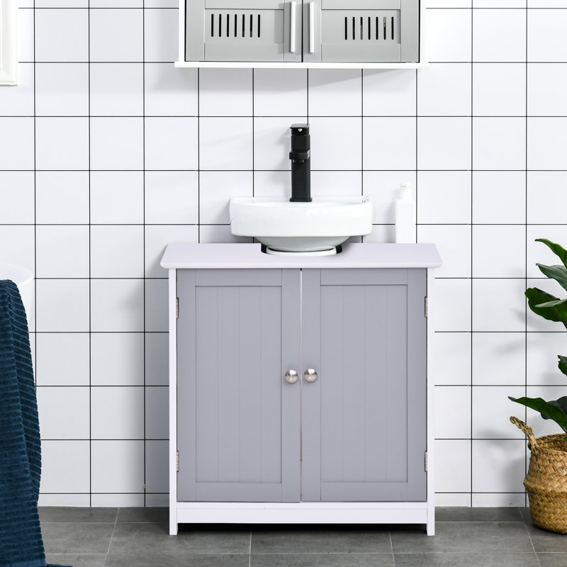 Organisateur de salle de bain sous l'évier, avec encoche en forme de U. Blanc et gris. Augmente la capacité de rangement. Tablette réglable. Fabriqué. 23,5 po x 12,09 po x 23,5 po. Peut supporter 22 lb de rangement, d'armoire et d'espace de rangement.