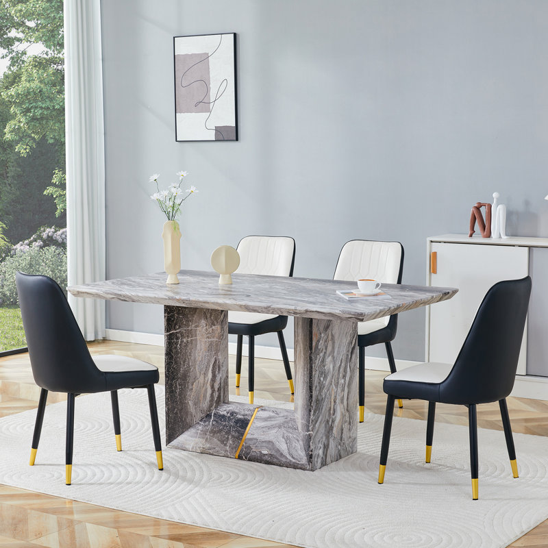 63'' Modern Dining Table Set For 4–6, Rectangular Faux Marble Table For Dining Room & Kitchen, 5 Pieces: Table, 4 Chairs