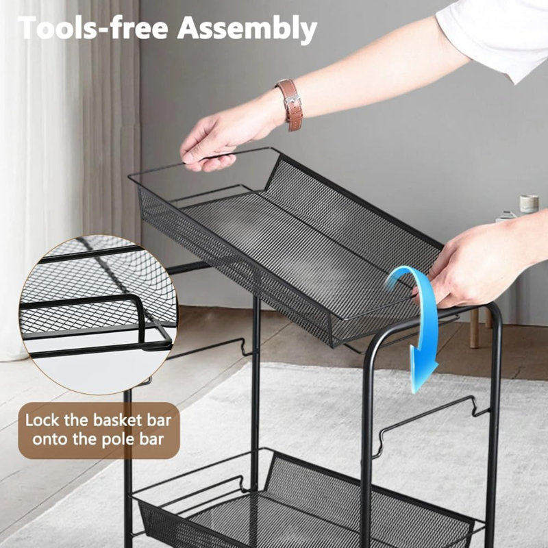 3-Tier Rolling Cart Easy Assemble Multipurpose Trolley On Wheels