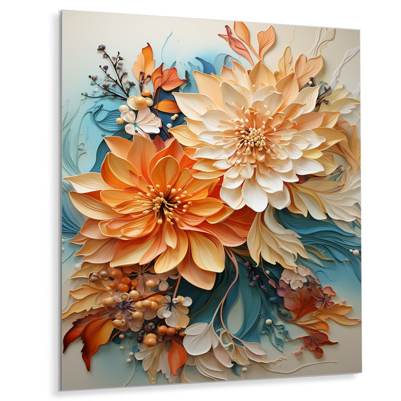 Tourbillon orange sarcelle botanique I - art botanique abstrait en métal, H 32 po x l 16 po