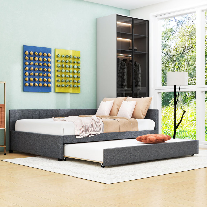 Linen Upholstered Daybed with Twin Trundle, Gray, Full/Double