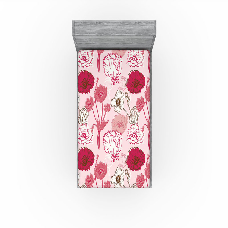 Drap-housse Ambesonne Poppy Simple Flowers Modern Framboise rose pâle / blanc