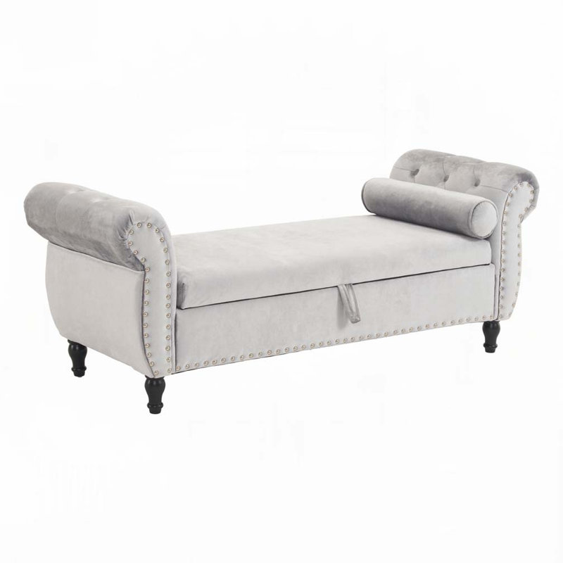 Banc de rangement en velours avec accoudoirs, Gris