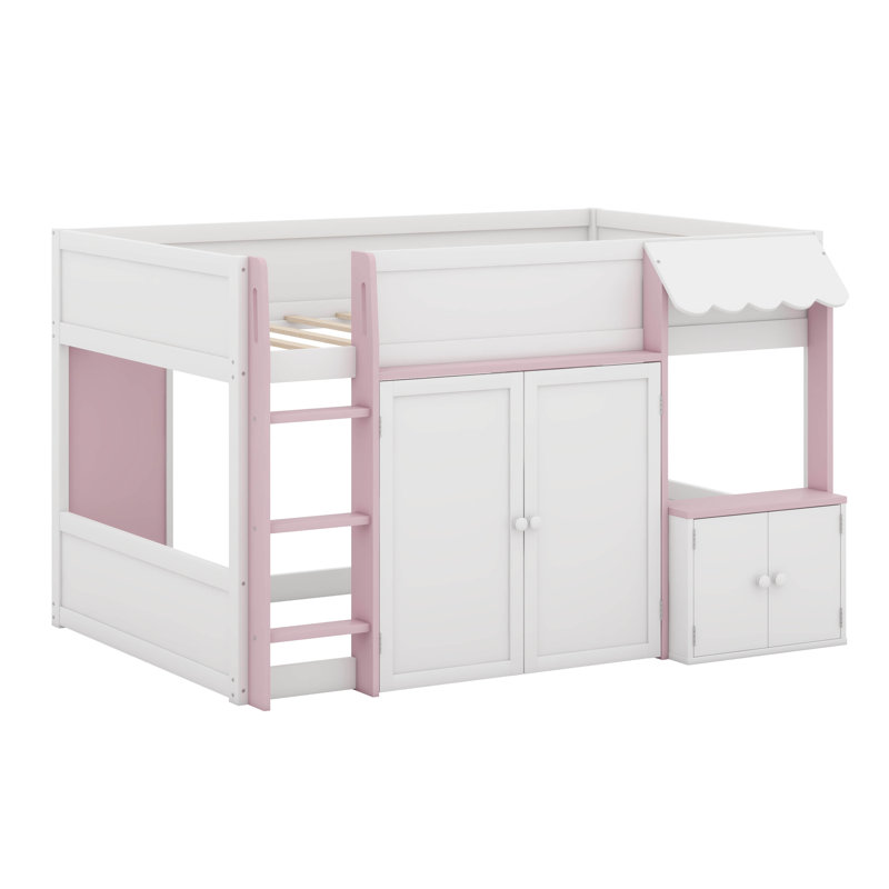 Lit mezzanine double avec maisonnette et rangement, Blanc / rose
