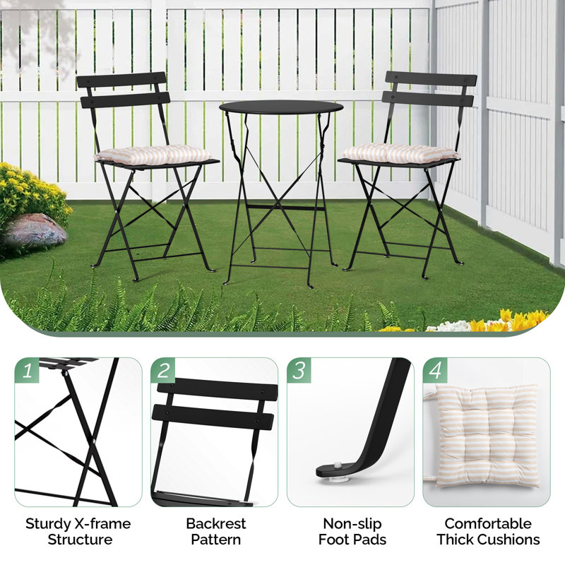 3-Piece Bistro Set With Seat Cushions,Black, Black