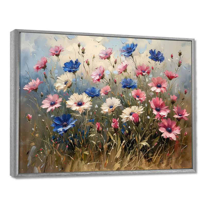Décoration murale rose bleues et bleues, décoration féminine, Cadre flottant argent, H 34 po x l 44 po