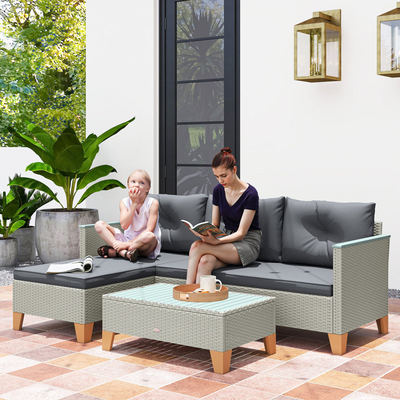 Outsunny L Shaped Garden Conversation Chaise Lounge Furniture, Grey, Grey
