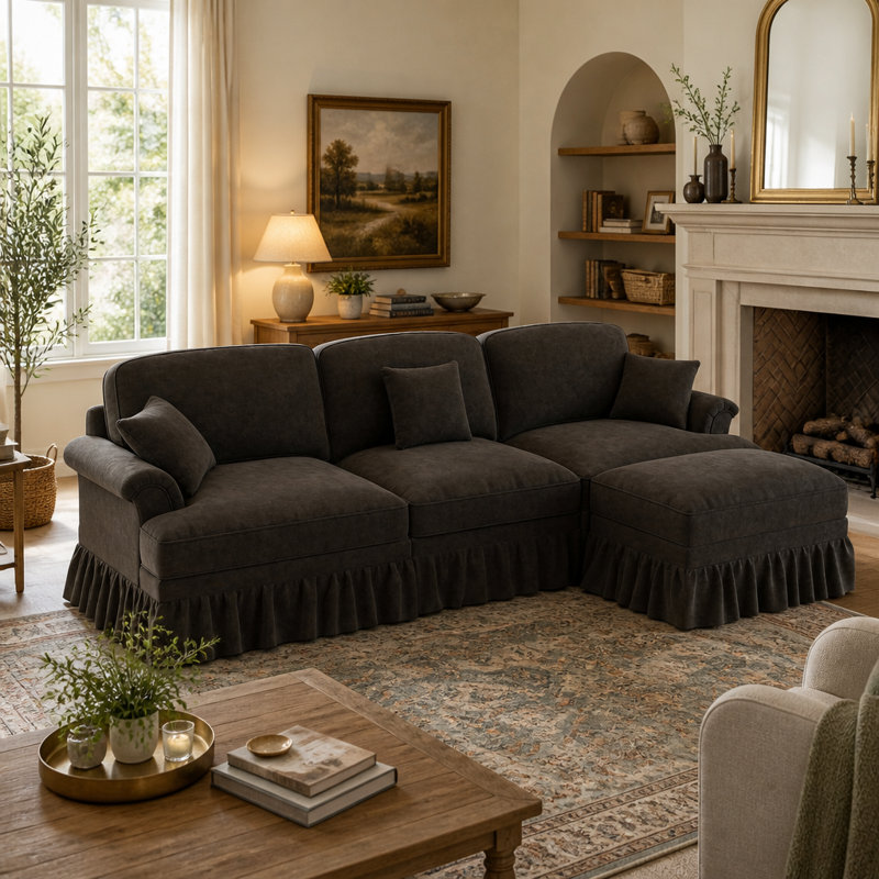 Canapé modulaire en L brun avec repose-pieds mobile et jupes amovibles en forme de L