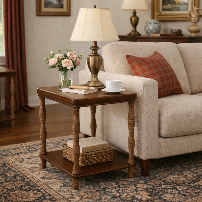 Table de bout en bois l 20 po avec pieds tournés et tablette inférieure, style traditionnel