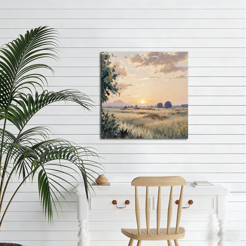 Prairie vue du lever du soleil, art mural en bois encastré, L 16 x l 16