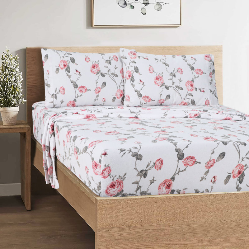Ensemble de draps 100% flanelle de coton Colyt, Ensemble pour très grand lit + drap-housse + 2 ta, Floral rosé