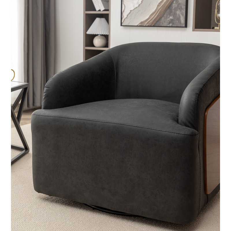 Fauteuil demi-tonneau pivotant en similicuir Broderic, Similicuir noir