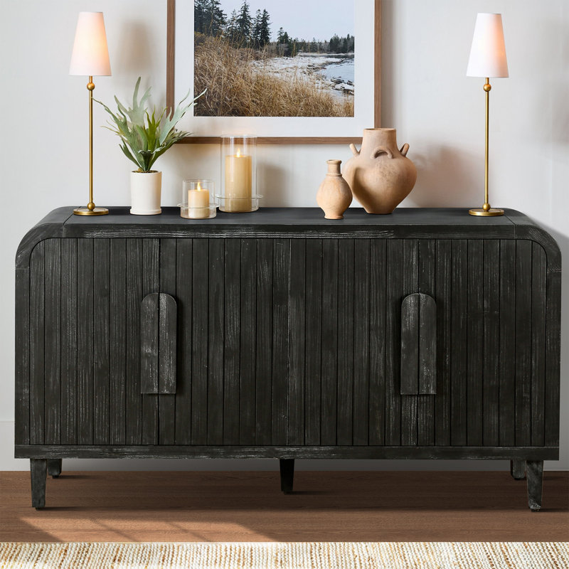 Buffet de rangement courbé avec poignées en bois, Noir antique