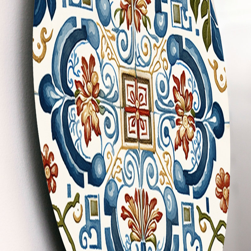 Carrelage méditerranéen rétro bleu I - tuile abstraite ronde, art mural sur métal, L 36 po x H 36 po