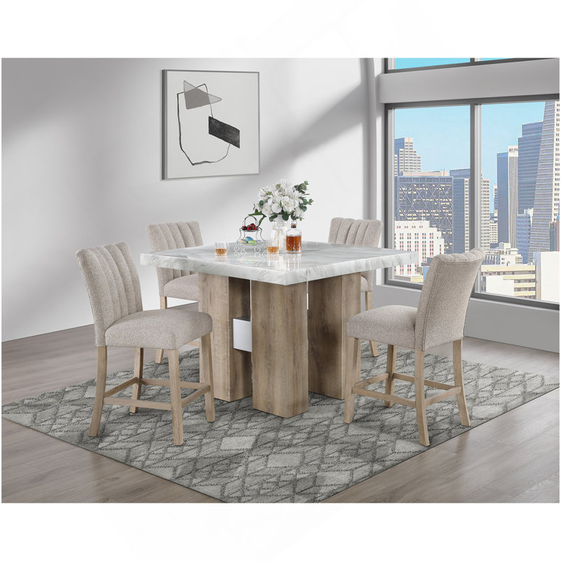 BAR TABLE AND BEIGE BAR STOOLS