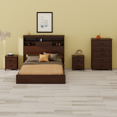 Base de lit plateforme avec tête de lit, ports de chargement USB, 1 commode avec 5 tiroirs et 2 tables de chevet