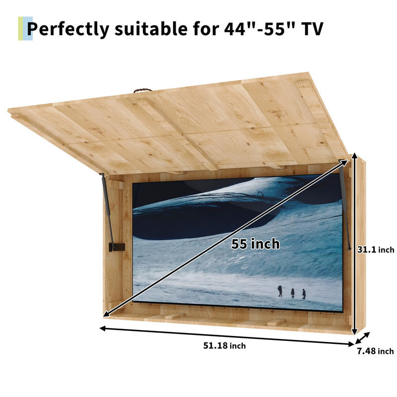 Meuble télé 55 po, boîtier en bois massif résistant aux intempéries avec support réglable 4D, porte pliante et housse anti-poussière - Convient aux téléviseurs de 44 à 55 po pour patio, terrasse ou cour arrière