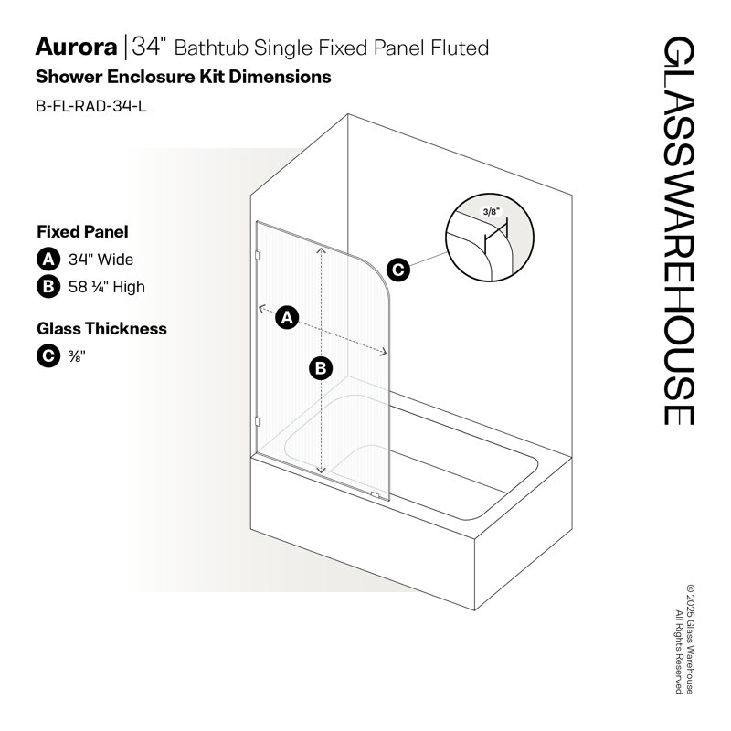 Aurora 34 in. x 58.25 in. Frameless Fluted Radius Single Fixed Bath Panel, Left Hand, Satin Brass, null