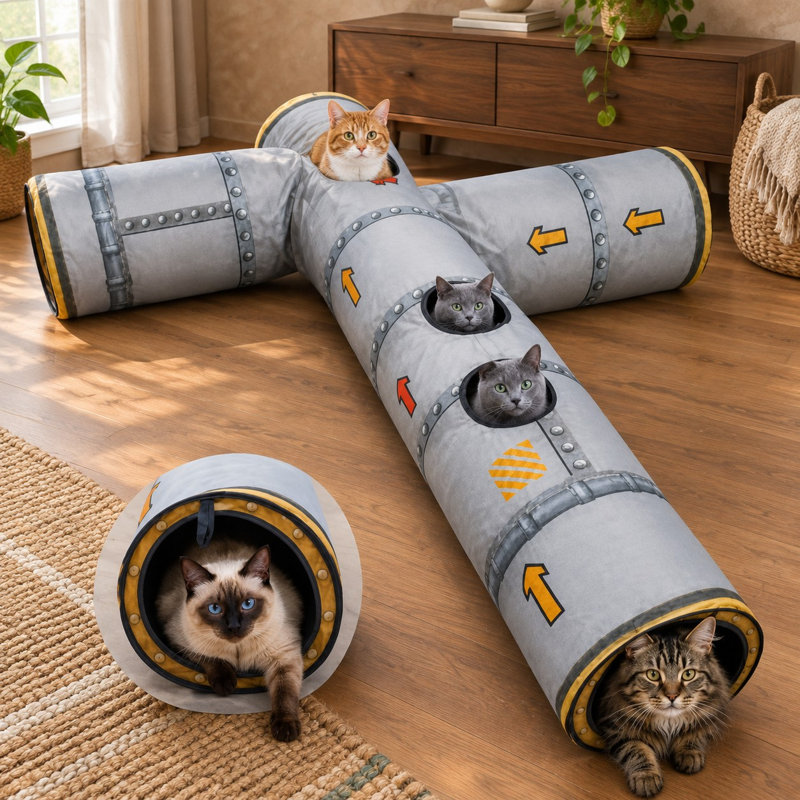 Ce tunnel pliable pour chat en 4 directions est fabriqué en tissu double couche résistant avec un imprimé imitation tuyau métallique et comporte un œilleton interactif pour les jeux de cache-cache des grands chats et des chatons.