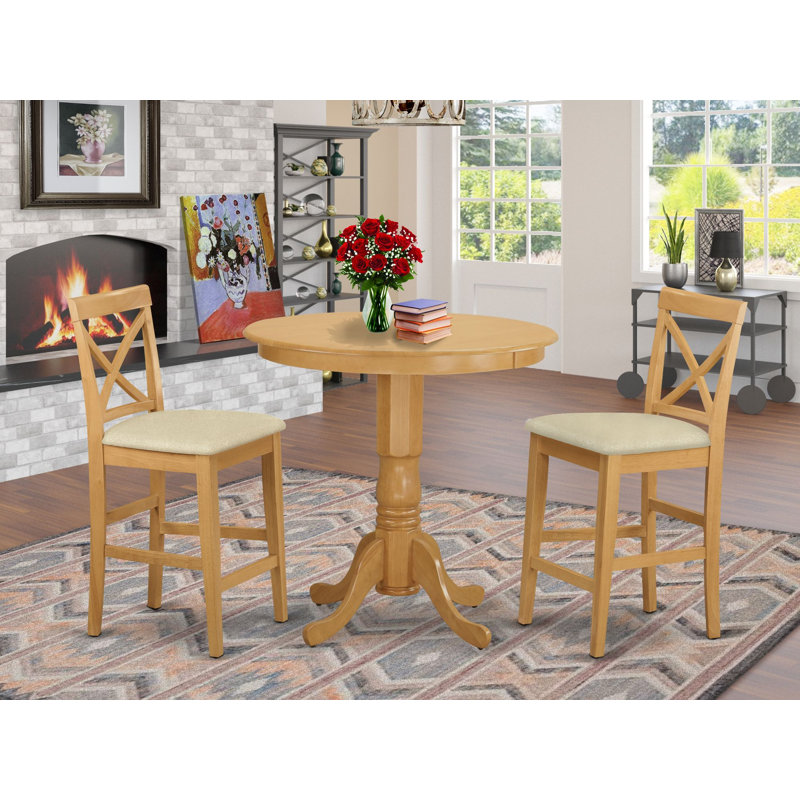 3 Piece Counter Set for Small Spaces Contains a Round Dining Room Table with Pedestal and 2 Linen Fabric Chairs, Oak