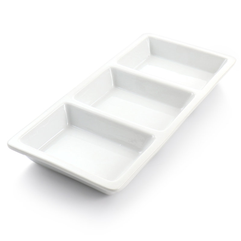 Modern White Porcelain 3-Section Rectangular Serving Tray with Metal Rack