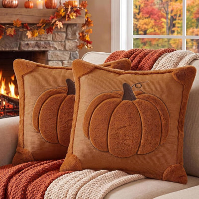 Housses de coussin décoratives d'automne 18x18, lot de 2, couleur orange rouille, motif citrouille, en peluche double face avec broderie 3D en relief représentant une grande citrouille, conçues pour les chambres et une décoration intérieure automnale chaleureuse.