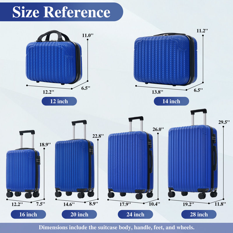 Ensemble 6 pièces de bagage, valise rigide en ABS avec roues pivotantes, verrou TSA, crochets latéraux, bagage à main léger et bagage à main