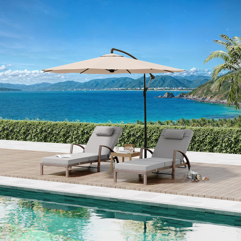 Outdoor Chaise Lounge Set of 2, Weather-Resistant PE Rattan Recliners with 5 Adjustable Positions, Wheels, Armrests, Cushions & Pillows, Collapsible for Poolside, Deck