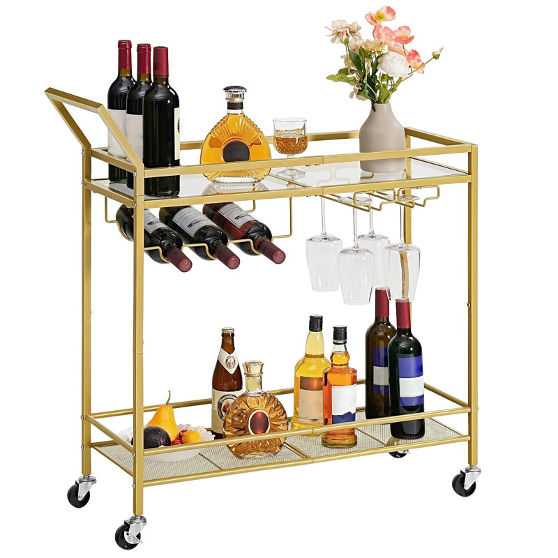 Gold Metal 2-Tier Bar Cart with Wine Rack and Glass Holder