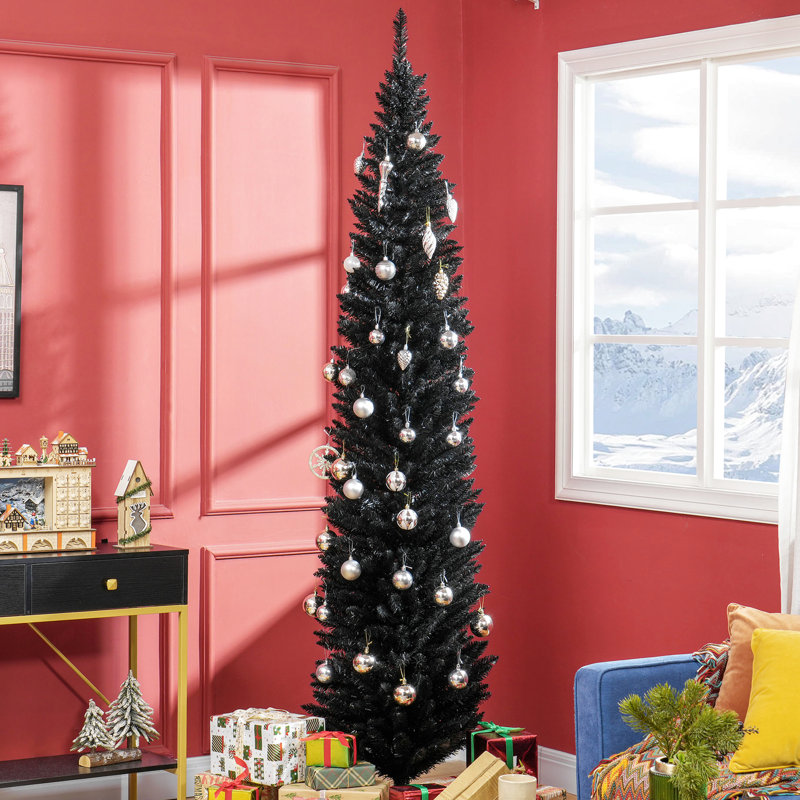 Arbre de Noël artificiel noir 8 pi, 618 pointes de branches, arbre mince avec base en plastique flexible, fiable