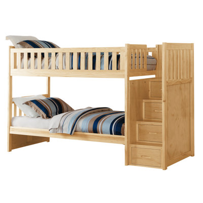 Twin Over Bunk Bed With Reversible Storage Step Drawers, Natural Pine Finish, Guard Rails, Wooden Bedroom Furniture, Modern Transitional Style, 300Lbs Weight Capacity Per Bed, 4 Drawers Roller Side