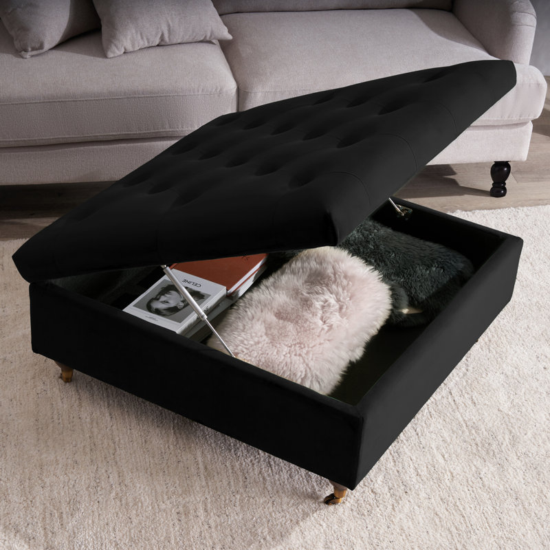 Agoura 93cm Wide Velvet Tufted Square Ottoman with Storage, Black