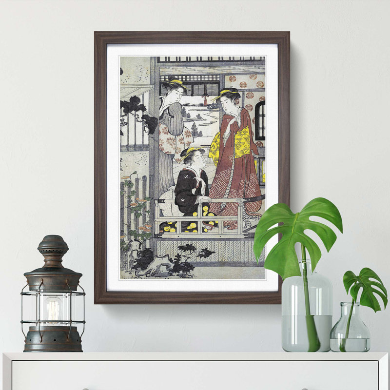 Three Women on a Veranda by Chobunsai Eishi - Picture Frame Painting Print, 36cm H x 27cm W x 2cm D, Walnut Framed