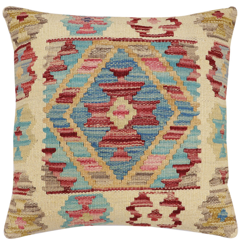 Oreiller rustique en kilim tissé à la main Caballer - 17 po x 18 po Rustic, H 18 po x l 19 po, Beige / Rouge / Bleu