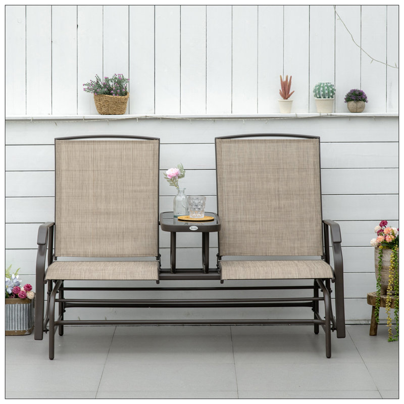 Outdoor Glider Bench With Center Table, Metal Frame Patio Loveseat With Breathable Mesh Fabric And Armrests For Backyard Garden Porch
