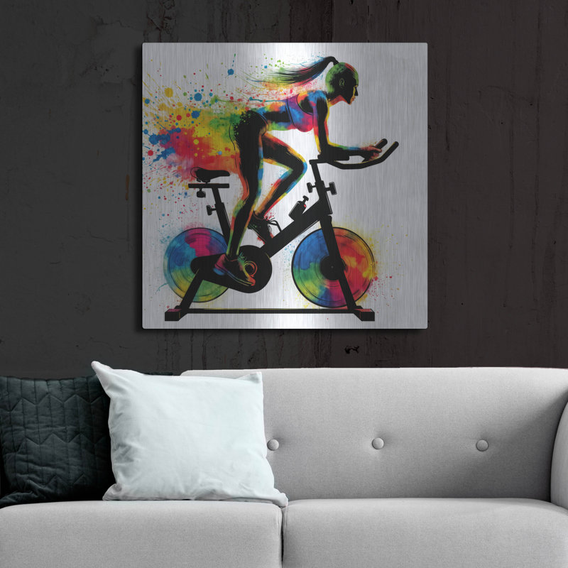 «Ride Bike Threadmill Watercolor» par Rey Klimt, art mural en métal, 36 po x 36 po, H 36 po x l 36 po
