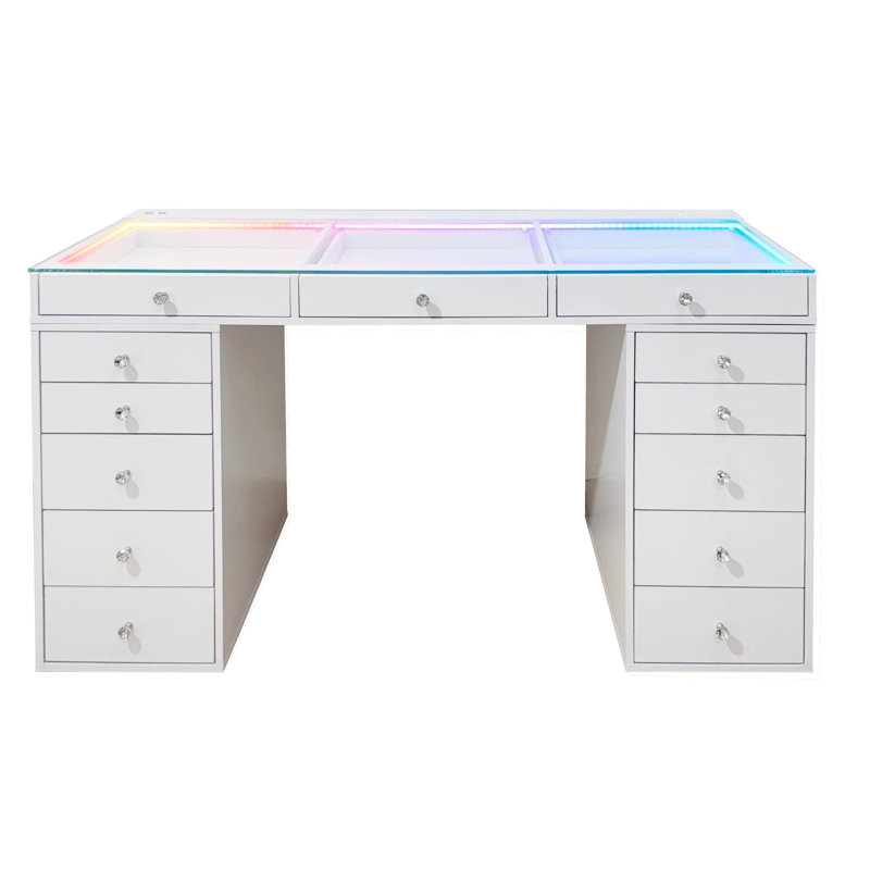 Table de coiffeuse Slaystation Radiant Pro 2.0 avec lumière RVB, coiffeuse de maquillage avec plateau en verre transparent et boutons en faux cristal luxueux, ensemble de meuble-lavabo à 5 tiroirs blanc